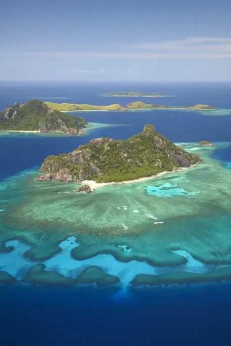 Framed Print : Monuriki Island and coral reef, Mamanuca Islands, Fiji, South Pacific - aerial