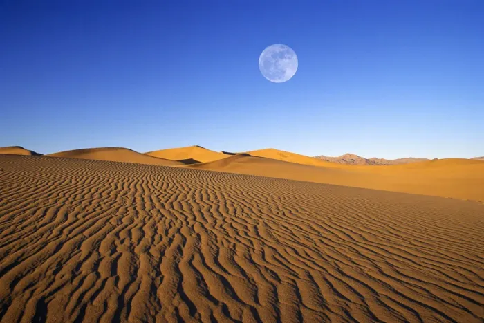 Framed Print : Full moon over evening light on dune patterns on the Mesquite Flat Sand Dunes, Death