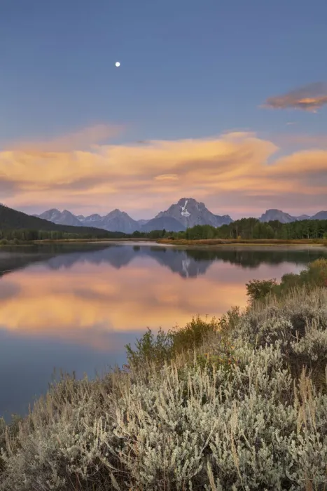 Framed Print : Full moon, orange clouds at Oxbow Bend at sunrise, Grand Teton National Park, Wyoming