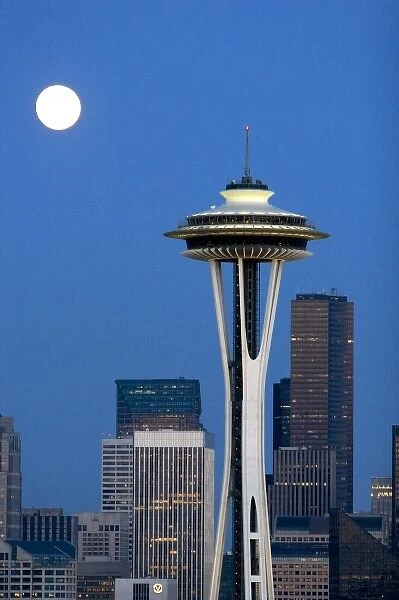 Full moon over the Space Needle in the city of Seattle, Washington
