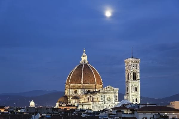 Moonrise and Florence Cathedral, Basilica di Santa Maria del Fiore at dusk, Florence