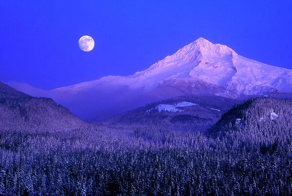 Moonrise over Mt Hood winter, Oregon