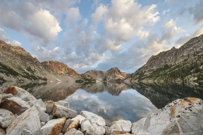 Framed Print : Morning clouds mirrored in still waters of Sawtooth Lake, Sawtooth Mountains Wilderness, Idaho Framed Print : Morning clouds mirrored in still waters of Sawtooth Lake, Sawtooth Mountains Wilderness, Idaho