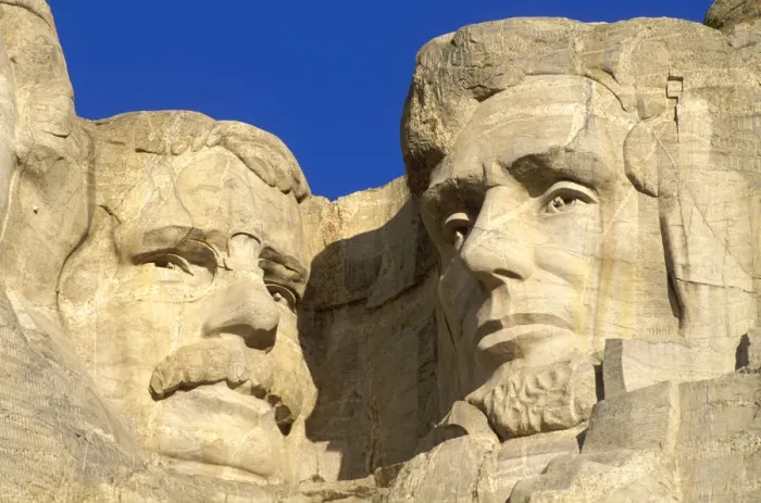 Framed Print : Morning light on Lincoln and Roosevelt detail, Mount Rushmore National Memorial, South Dakota, USA