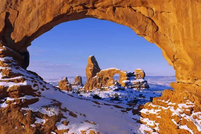 Framed Print : Morning light on North Window framing Turret Arch in winter, Arches National Park, Utah, USA