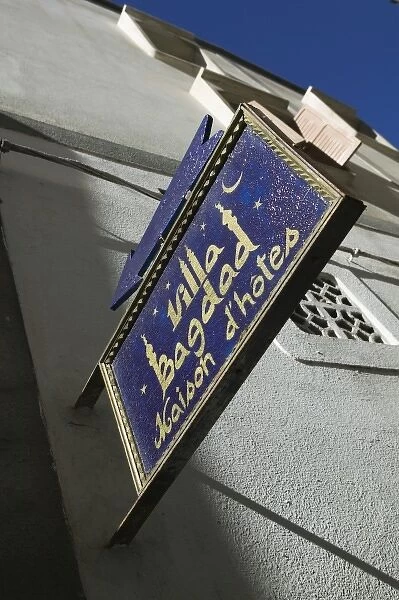 MOROCCO, Atlantic Coast, ESSAOUIRA: Sign for the Villa Bagdad Hotel