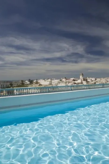 Framed Print : MOROCCO, Atlantic Coast, ESSAOUIRA: Town and Pool View from Hotel L Heure Bleue Framed Print : MOROCCO, Atlantic Coast, ESSAOUIRA: Town and Pool View from Hotel L Heure Bleue