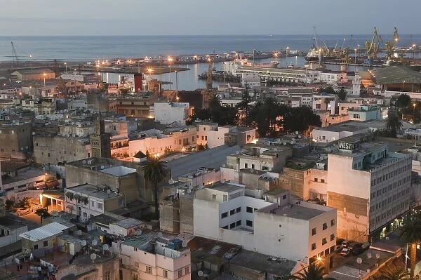 MOROCCO, Casablanca: Ancienne (old) Medina, Aerial View & Port  /  Dusk