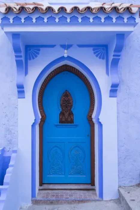 Framed Print : Morocco, Chefchaouen. A traditional door and entrance to a home in the village