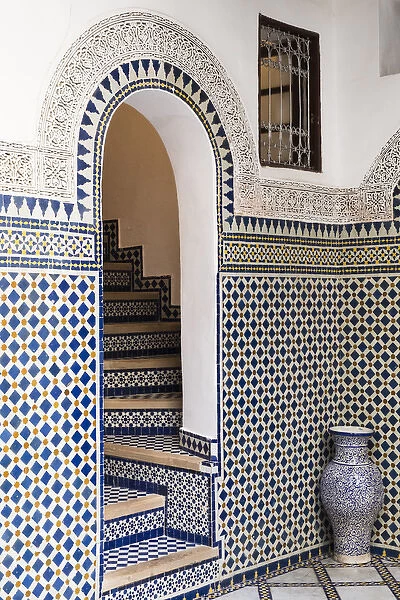 Morocco, Fes. Interior detail of a restored riad that is now a hotel, Riad Yacout