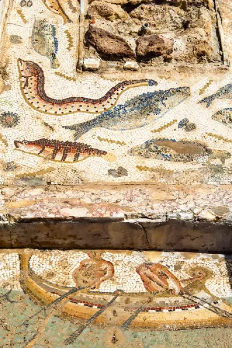 Framed Print : Mosaic of fishermen and fish, Utica Punic and Roman archaeological site, Tunisia Framed Print : Mosaic of fishermen and fish, Utica Punic and Roman archaeological site, Tunisia
