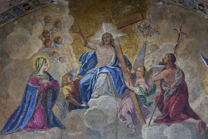 Framed Print : Mosaic Religous artwork on the outside arches of St. Marks Cathedral, Venice Italy