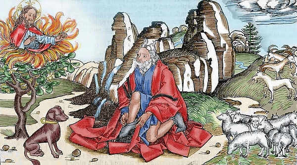 Moses and the burning bush. 16th century engraving. Colored