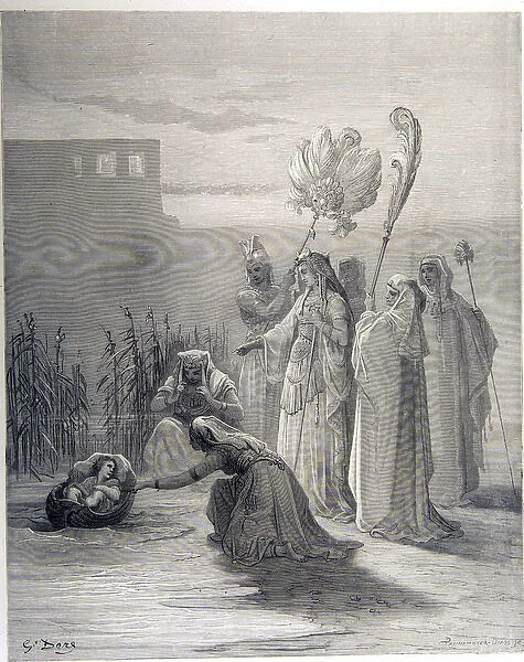 Moses found by Pharaohs daughter. Engraving. Copyright: aA Collection