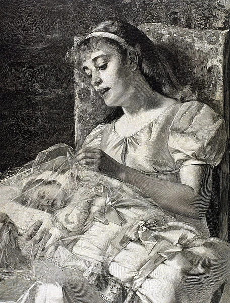 Mother with baby. Engraving made by Knesing in 1887
