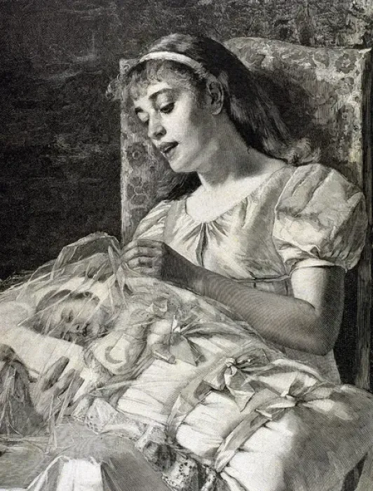 Framed Print : Mother with baby. Engraving made by Knesing in 1887