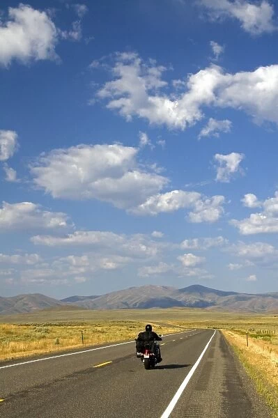 Motorcycling along US Highway 20 near Arco, Idaho, USA
