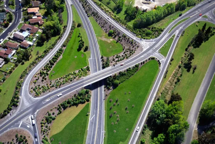 Framed Print : Motorway intersection, Mosgiel, near Dunedin - aerial Framed Print : Motorway intersection, Mosgiel, near Dunedin - aerial