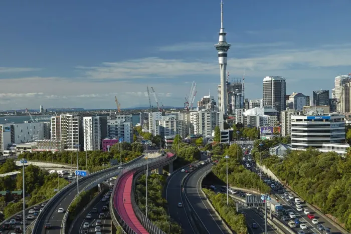 Framed Print : Motorways, Lightpath cycleway, and Skytower, Auckland, North Island, New Zealand