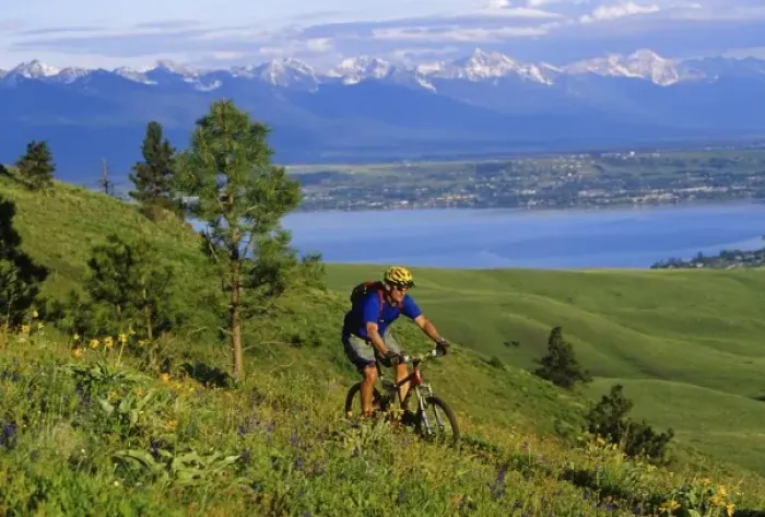Framed Print : Mountain biker on South Ridge Trail above Flathead Lake and Mission Mountains (MR) Framed Print : Mountain biker on South Ridge Trail above Flathead Lake and Mission Mountains (MR)