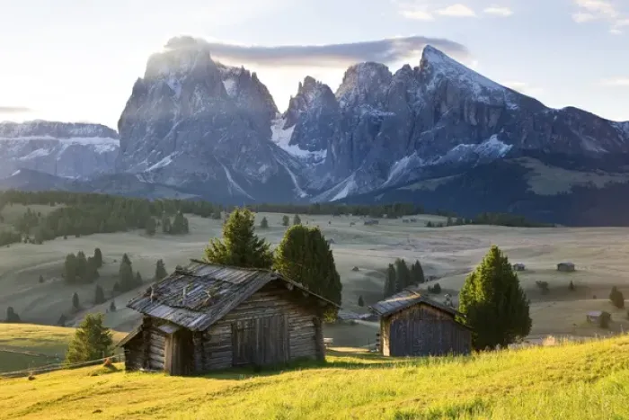 Framed Print : Mountain cabins, Seiser Alm Sassolungo (Langkofel), Alpe di Siusi, Trentino-Alto Adige