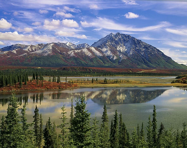 Mountain landscape and reflection, fall foliage, Denali Highway near Anchorage