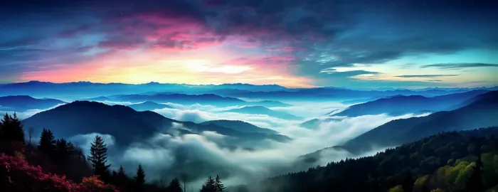 Framed Print : Mountain landscape at sunrise with low clouds. (AI Generated) Framed Print : Mountain landscape at sunrise with low clouds. (AI Generated)
