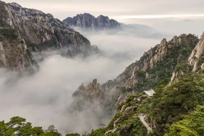 Framed Print : Mountain peaks and mist from above at sunrise, Yellow Mountain or Huangshan Framed Print : Mountain peaks and mist from above at sunrise, Yellow Mountain or Huangshan