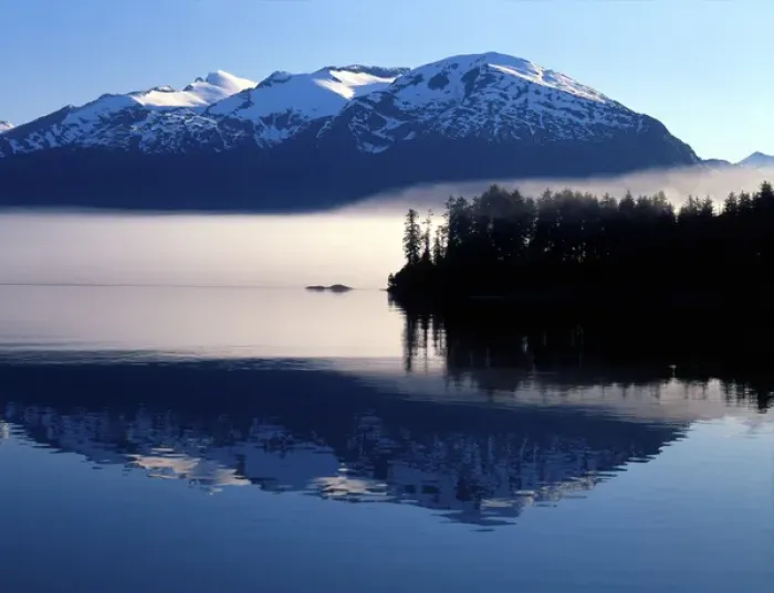 Framed Print : Mountain reflection and rising mist, Tongass National Forest, southeast Alaska