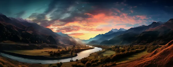 Framed Print : Mountain and river landscape at sunrise. (AI Generated) Framed Print : Mountain and river landscape at sunrise. (AI Generated)