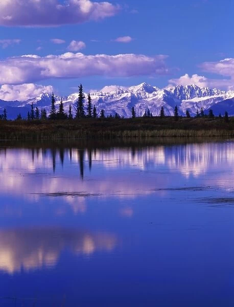 Mountains of the Alaska Range and pothole lake reflection, Denali Hwy, Alaska
