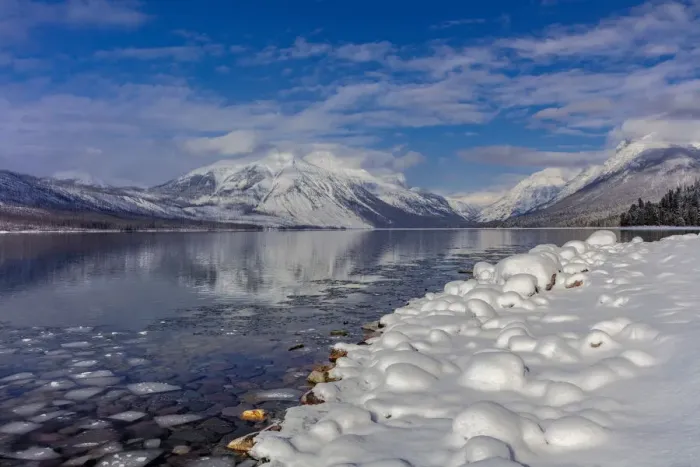 Framed Print : Mountains reflect in wintry Lake McDonald in Glacier National Park, Montana, USA Framed Print : Mountains reflect in wintry Lake McDonald in Glacier National Park, Montana, USA