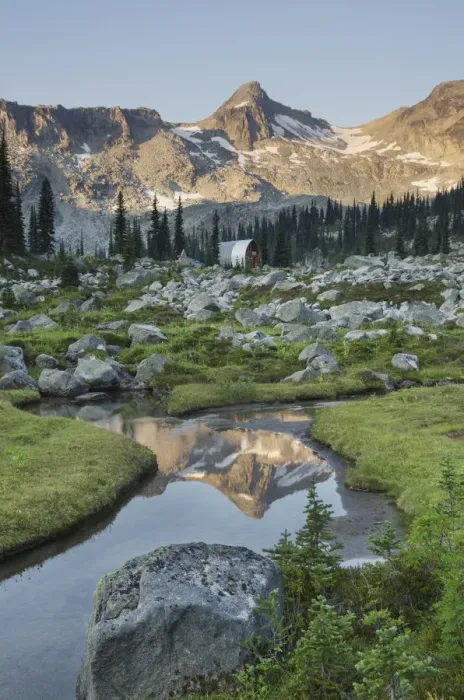 Framed Print : Mountains reflected in creek, subalpine meadows of Marriott Basin, Coast Mountains