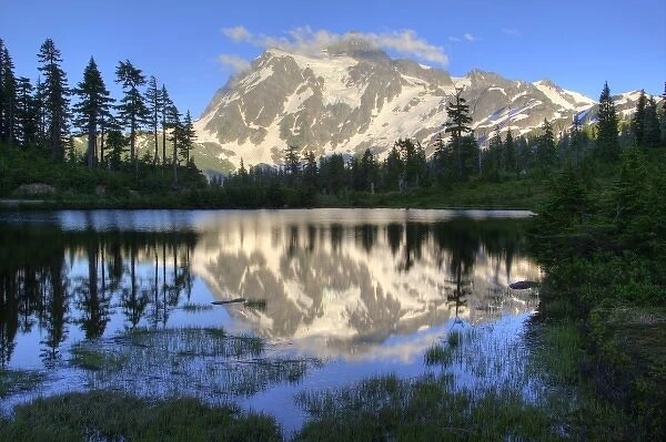 Mtn Shuksan reflects into Picture Lake in the North Cascades of Washington
