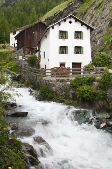 Framed Print : Mulegns, Switzerland. Stream and house in Mulegns Framed Print : Mulegns, Switzerland. Stream and house in Mulegns