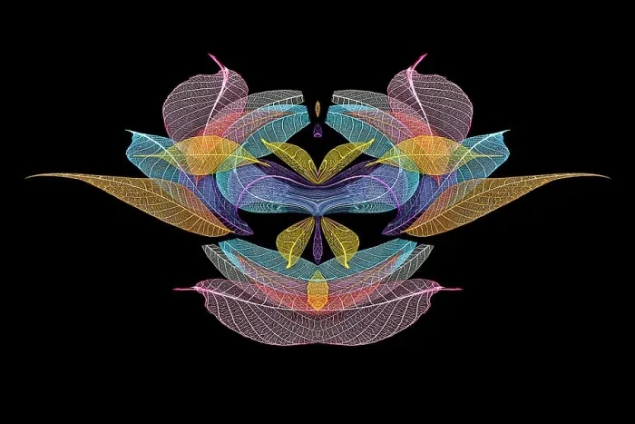 Framed Print : Multi-colored skeleton leaves arranged on black background