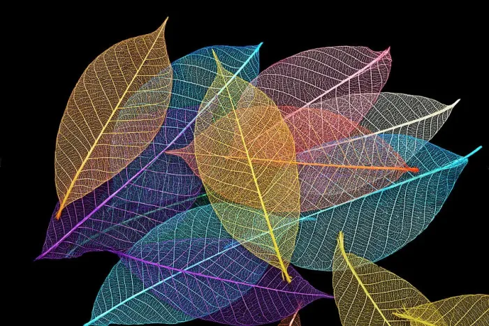 Framed Print : Multi-colored skeleton leaves arranged on black background