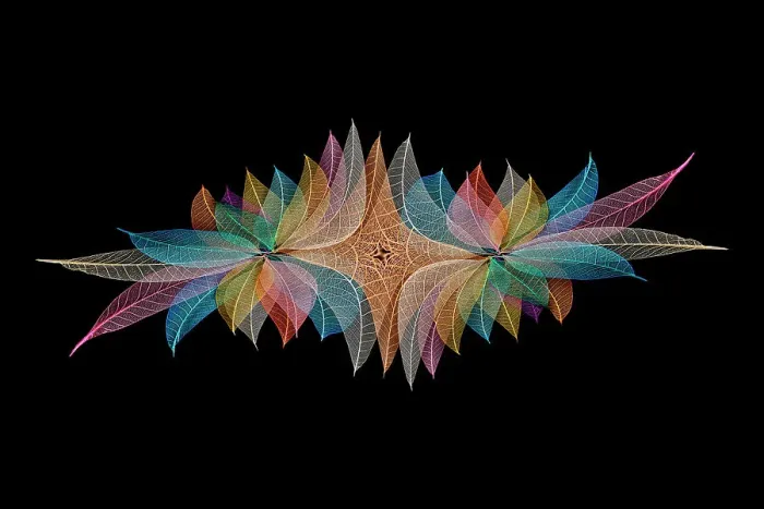 Framed Print : Multi-colored skeleton leaves arranged on black background