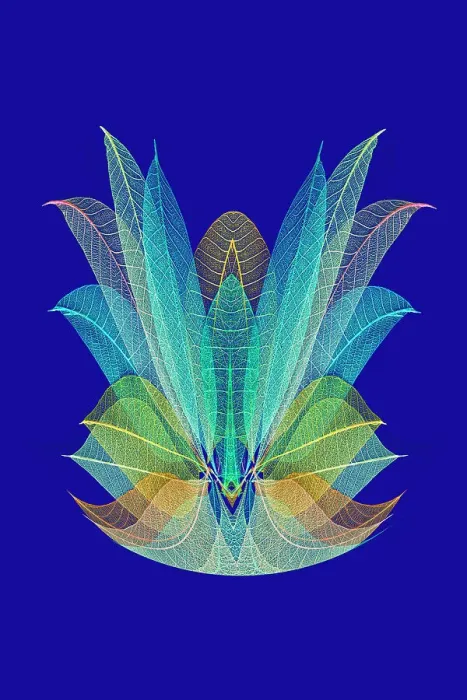 Framed Print : Multi-colored skeleton leaves arranged on blue background