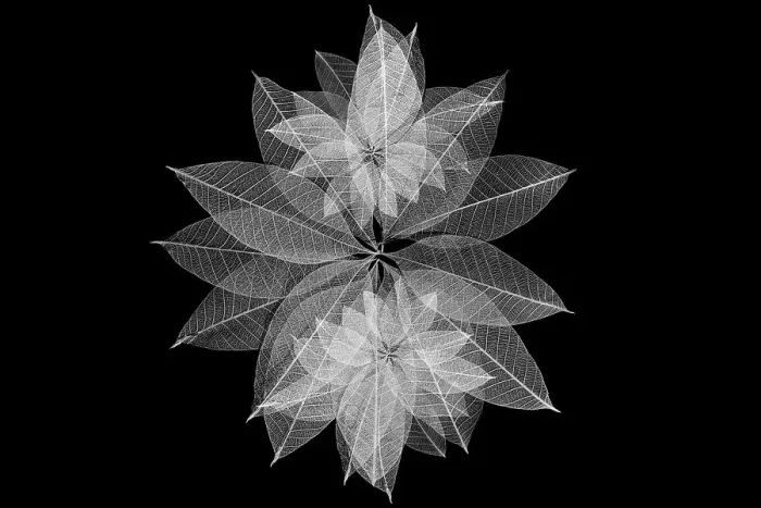 Framed Print : Multi-colored skeleton leaves arranged in radial pattern