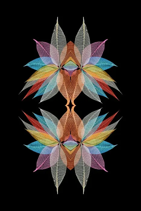 Framed Print : Multi-colored skeleton leaves arranged in radial pattern