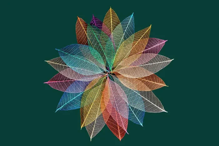Framed Print : Multi-colored skeleton leaves arranged in radial pattern on dark green background Framed Print : Multi-colored skeleton leaves arranged in radial pattern on dark green background