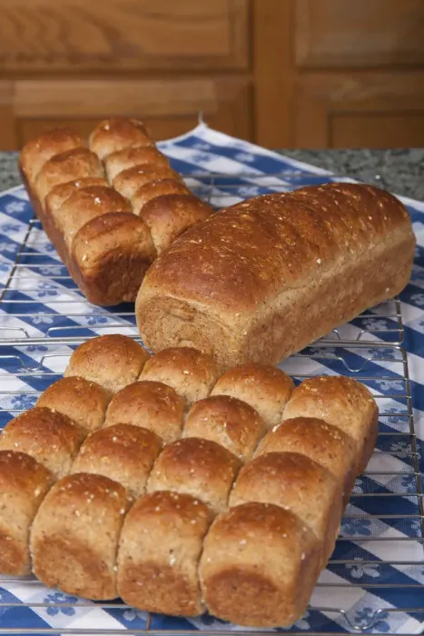 Framed Print : Multigrain rolls and loaf on cooling rack on counter covered by tea towel Framed Print : Multigrain rolls and loaf on cooling rack on counter covered by tea towel