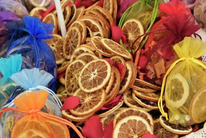 Framed Print : Munich, Germany. Farmers market. Local crafts. Sachets of dried oranges Framed Print : Munich, Germany. Farmers market. Local crafts. Sachets of dried oranges