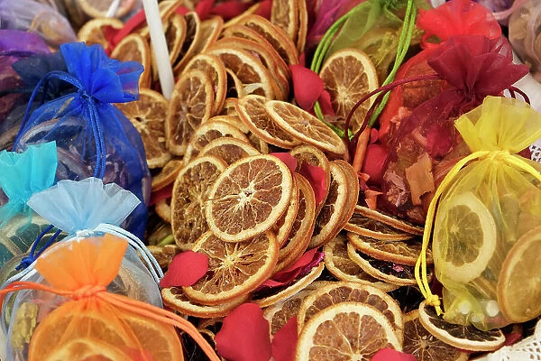 Munich, Germany. Farmers market. Local crafts. Sachets of dried oranges