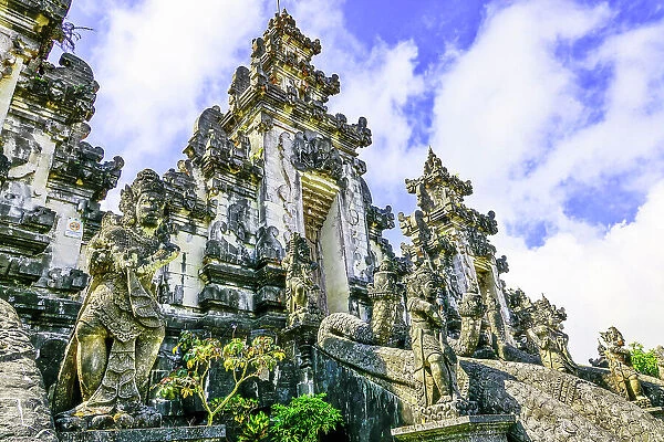 Munificent grounds of Heaven's Gate with seven temples overlooking Bali's highest volcano mount Agung