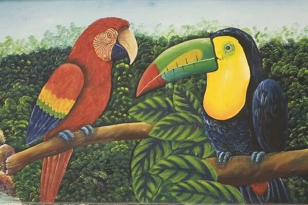 Mural depicting local wildlife on walls outside of shop, Belize City, Belize