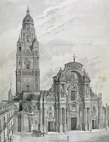 Murcia. Cathedral. Portico of the main facade and tower. Engraving by Shepherd in The Spanish
