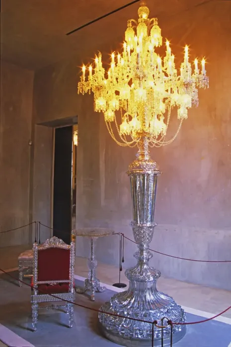 Framed Print : One of the museum piece giant candelabra and crystal chair and table, collectors