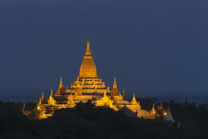 Framed Print : Myabnmar, Bagan. A giant stupa is lit at night on the plains of Bagan Framed Print : Myabnmar, Bagan. A giant stupa is lit at night on the plains of Bagan